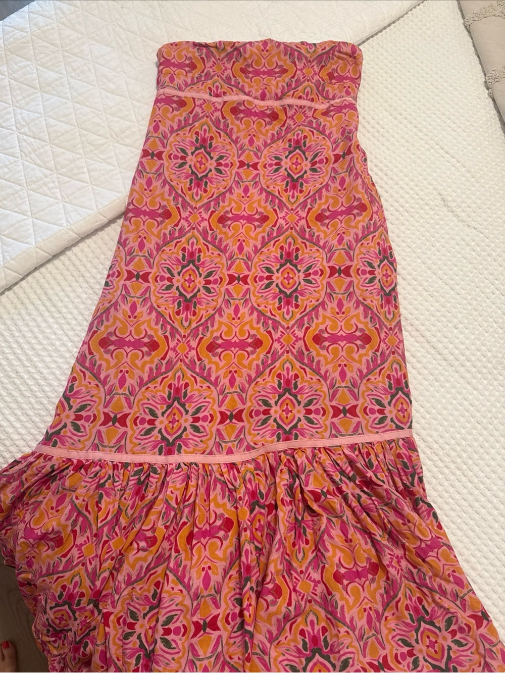 Women’s Pink Orange Vestique Strapless Smocked Back Small Maxi Dress Ruffle